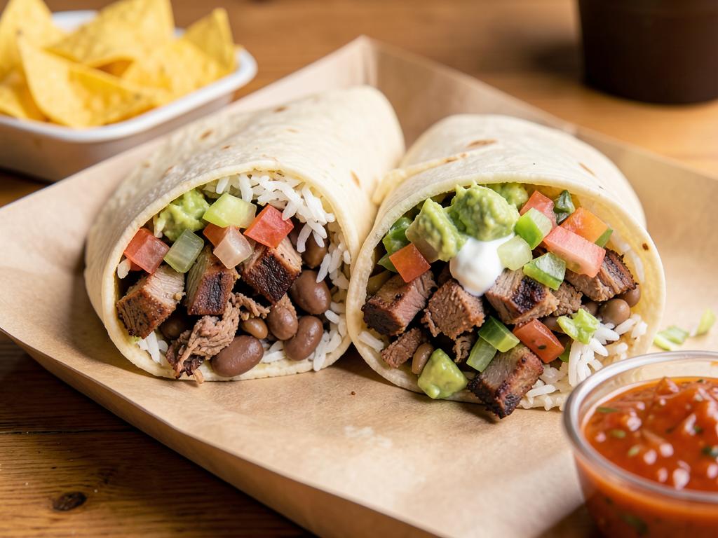 Burrito cut in half showing rice, beans and carne asada