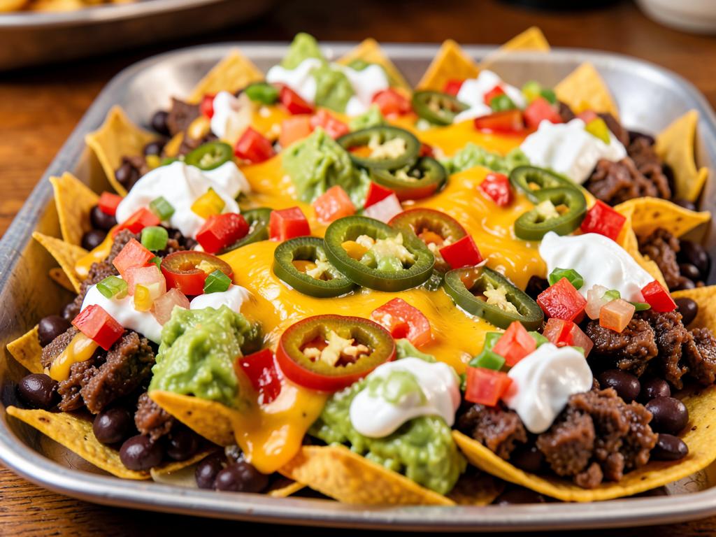 Loaded nachos with cheese, jalapeños, guacamole and sour cream