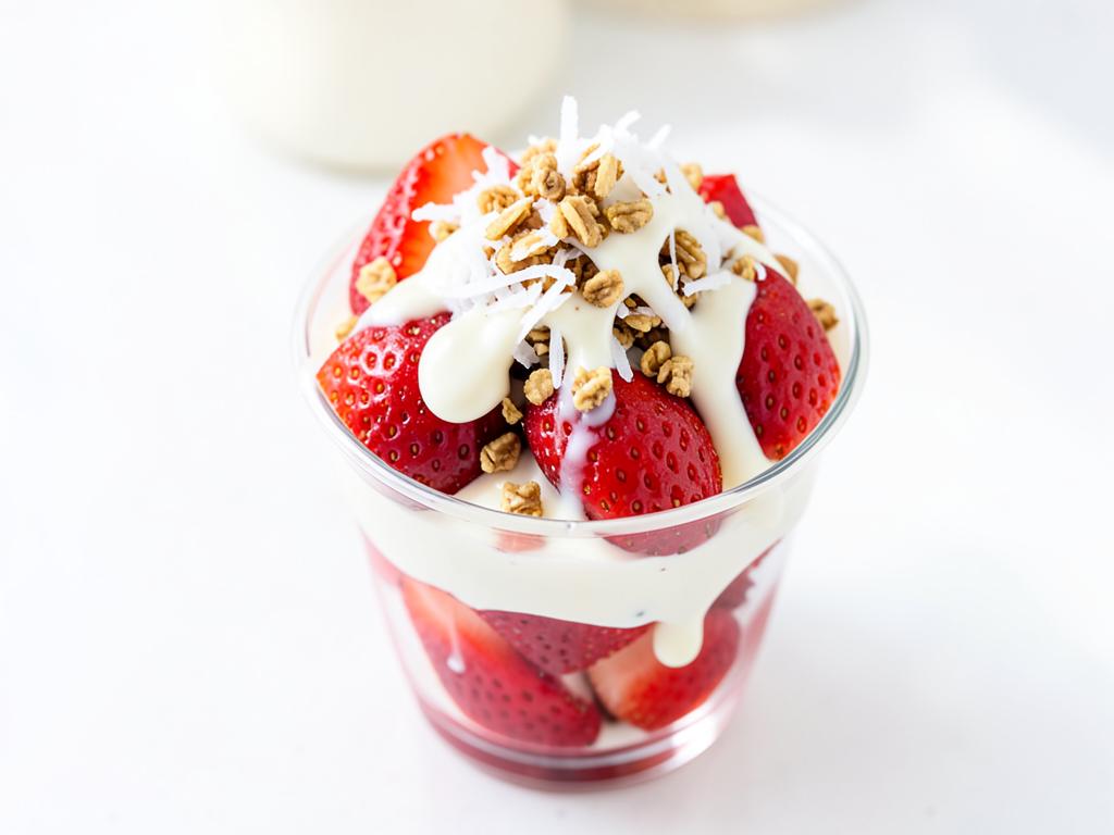 Fresh strawberries with cream, granola and coconut