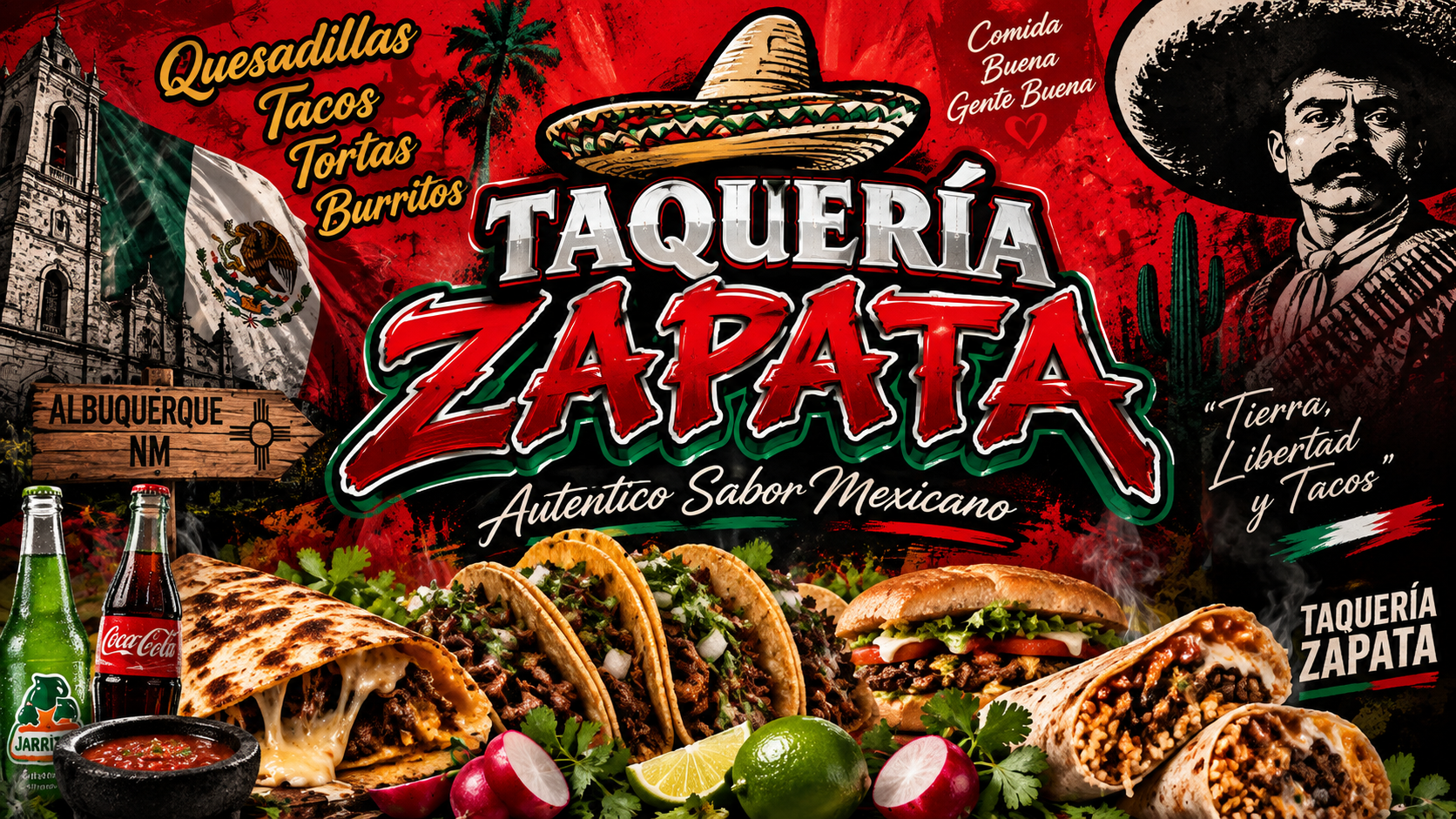 Taquería Zapata promotional banner with tacos, burritos and Mexican heritage artwork