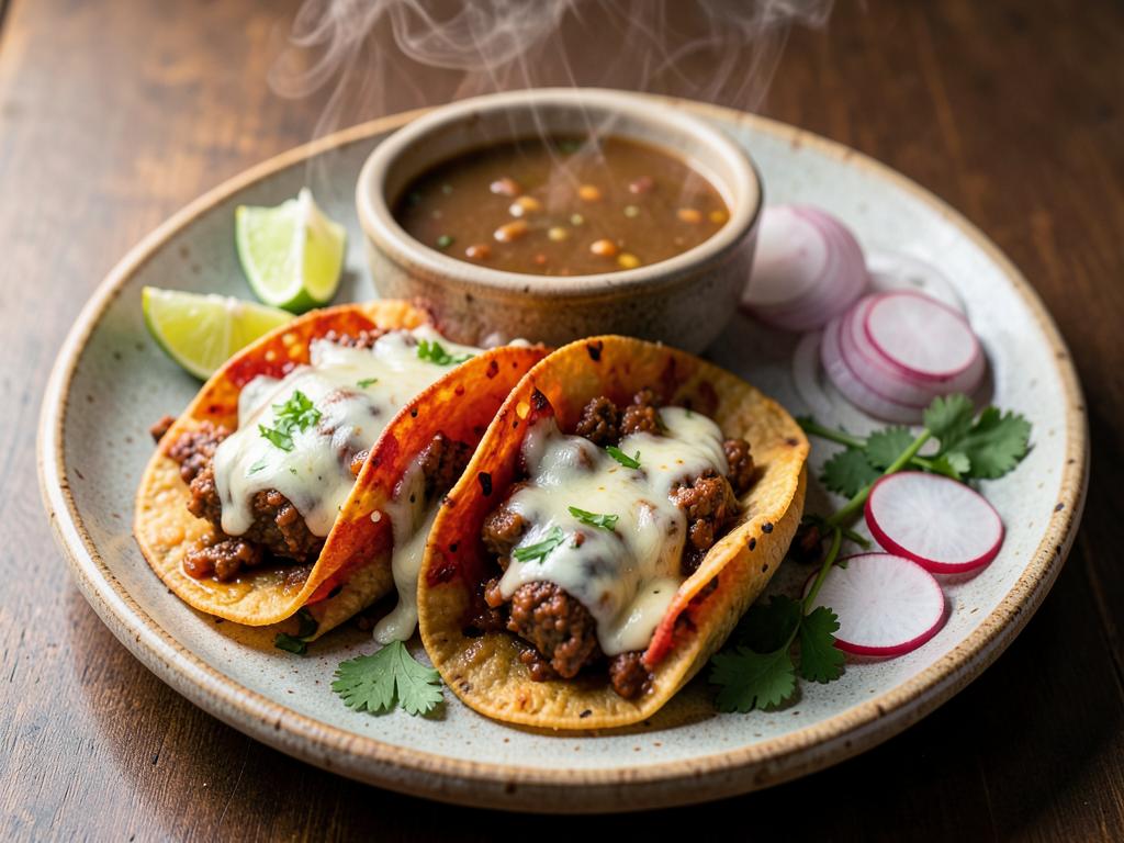 Birria tacos with melted cheese and consomé